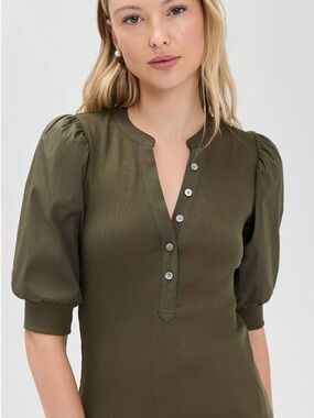 Veronica Beard Olive Green Puff-Sleeve Henley Top